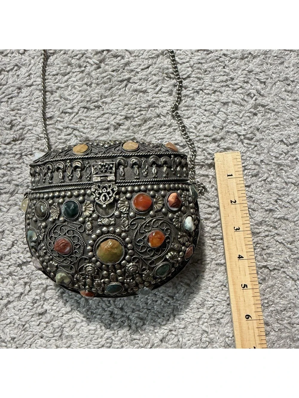 Vintage Sajai Metal Crossbody Purse with Natural Agate Stones Chain Strap